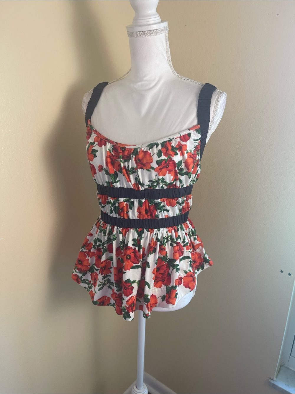 Maeve Anthropologie Floral Tank Top Stretchy Poppy Open Back Cottagecore Boho M - Picture 3 of 15